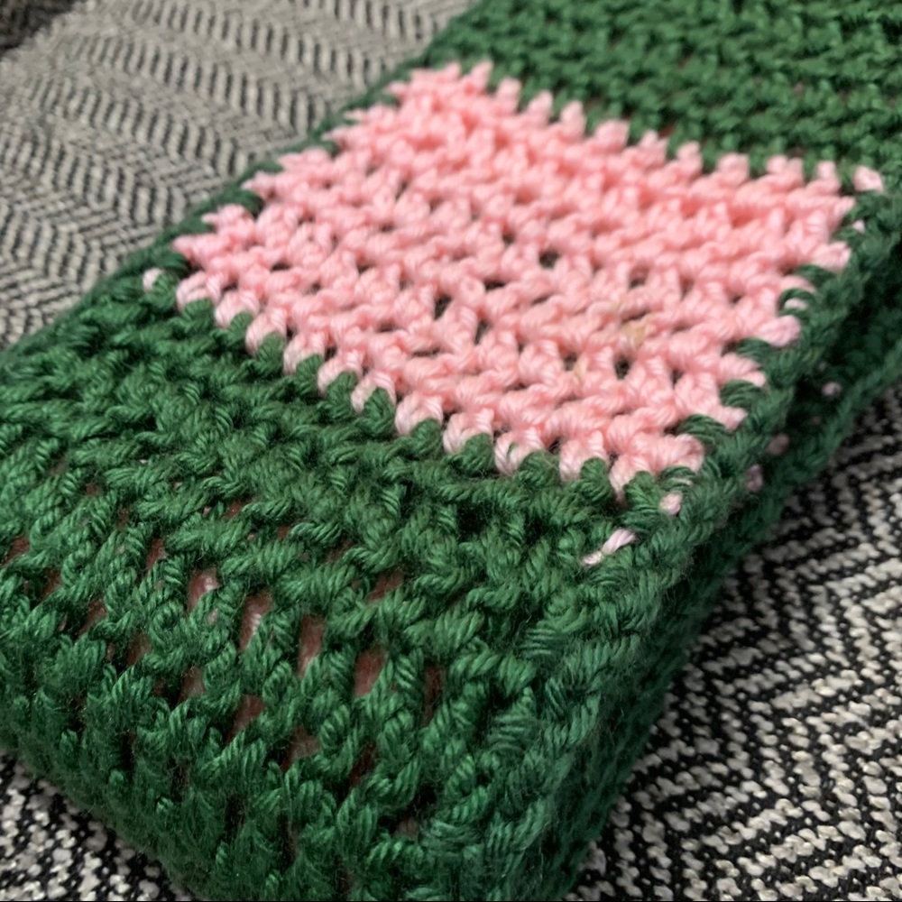Unisex Green & Pink extra long hand crochet scarf